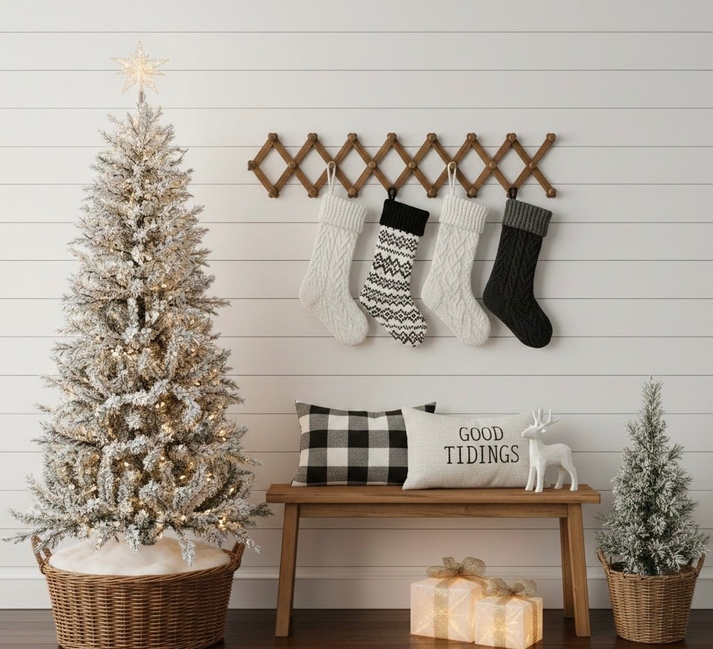 Bring the winter wonderland indoors with this cozy and chic farmhouse Christmas decor! ❄️ Getting that perfect snowy look is easy with a beautiful flocked Christmas tree placed in a rustic wicker basket base. The wooden accordion rack is perfect for hanging these chunky knit Christmas stockings—a mix of black, white, and gray for a modern touch! The simple wooden bench adds warmth, styled with a classic black and white buffalo check pillow and a festive 'Good Tidings' pillow.

#LTKHome #LTKHoliday #LTKSeasonal