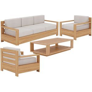 HiTeak Furniture Qube 4 Piece Teak Deep Seat Patio Sofa Set in Natural and Beige | Cymax