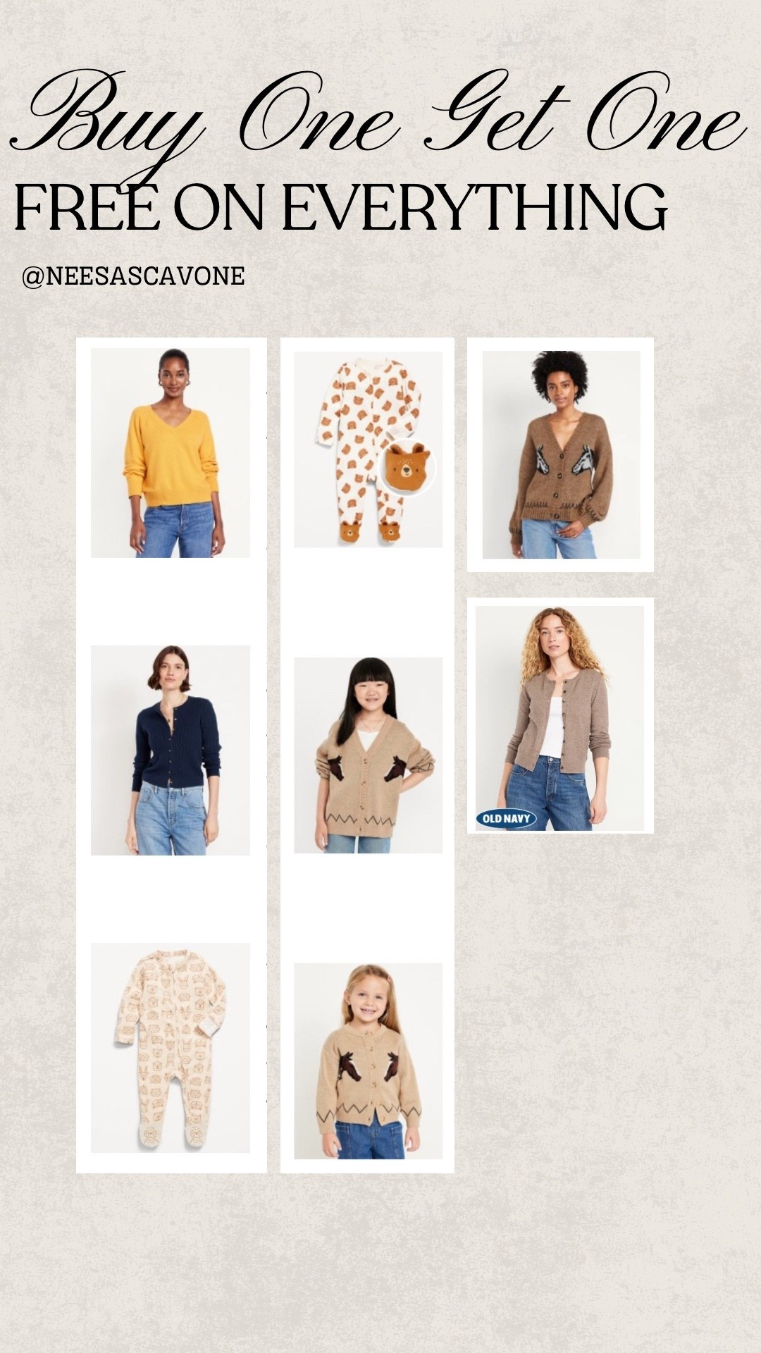 Buy One Get One FREE at Old Navy right now ✨ Perfect time to grab cozy sweaters, cardigans, and matching family PJs 🐻🧸 Stock up on fall staples for you + the kids while the sale lasts! I rounded up my top picks that are cute, comfy, and budget-friendly. Tap to shop these Old Navy finds before sizes sell out! #OldNavyStyle #OldNavySale #OldNavyFinds #OldNavyHaul #FamilyMatchingOutfits #LTKFallFashion #LTKSaleAlert #LTKBackToSchool #LTKFamily #LTKMomStyle #LTKKidsStyle #LTKSeasonal #AffordableFashion #LTKSale #BuyOneGetOne

#LTKSaleAlert #LTKFindsUnder50 #LTKFallSale