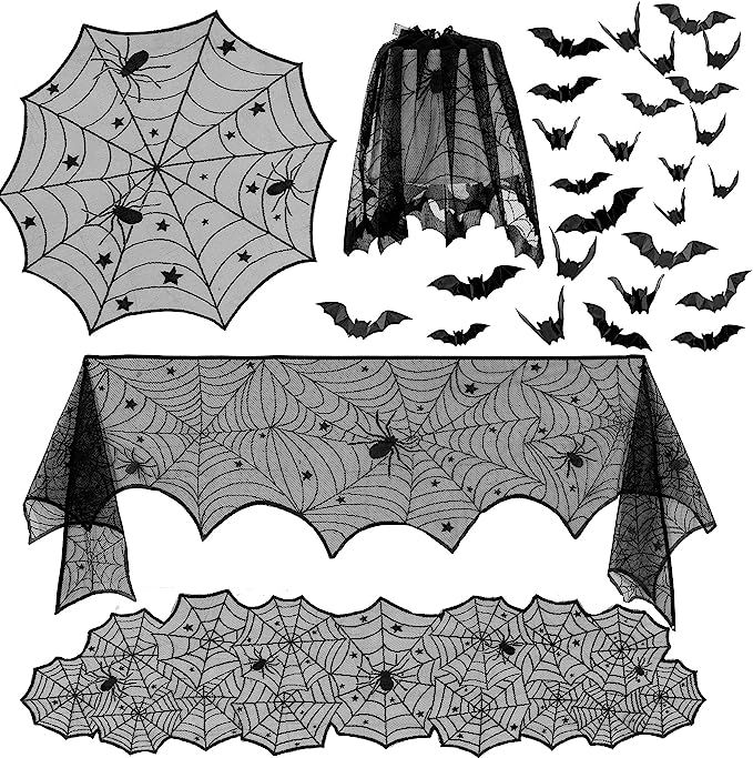 5 Pack Halloween Decorations Tablecloth Set, Black Lace Table Runner Round Spider Cobweb Table Co... | Amazon (US)