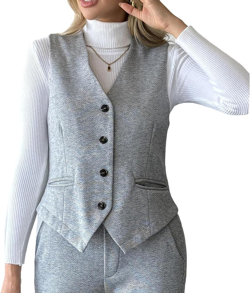 heipeiwa Women's Wool Blend Suit Vest Top Vintage Tweed Vest Button Down Sleeveless V Neck Waistc... | Amazon (US)