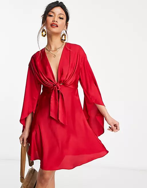 ASOS DESIGN cape sleeve satin mini dress with knot front In Red | ASOS (Global)