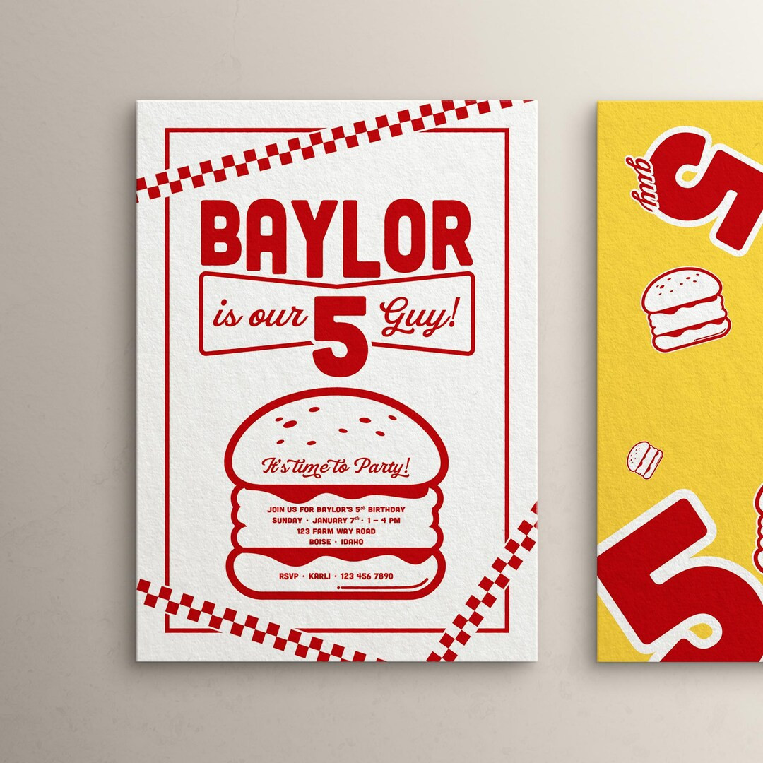 5 Guys Invitation Fifth Birthday Invite BBQ Burger Digital Party Celebration Modern Simple Custom... | Etsy (US)