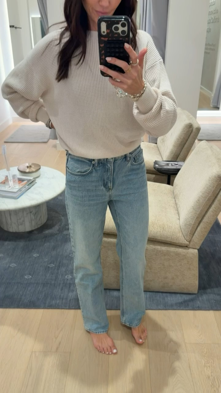 Vuori outfit ideas, Size 25 in jeans, size XS in waffle knit sweater.