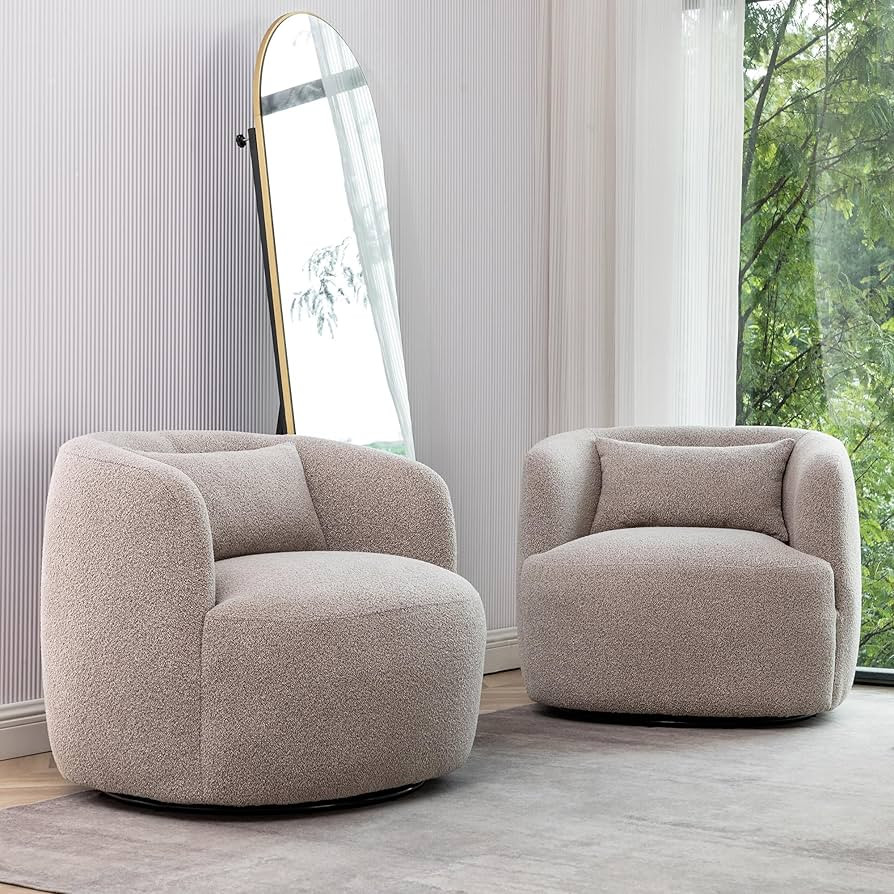 34" Wide Boucle Swivel Barrel Chairs Set of 2, No Assembly Round Upholstered Armchairs Accent Cha... | Amazon (US)