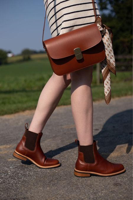 Nisolo Chelsea boots on sale! Use code ‘JEANSANDATEACUP20’ for an extra 20% off sale! 
With sezane milo bag and LEONTINE striped sweater dress

#LTKfindsunder100 #LTKshoecrush #LTKsalealert