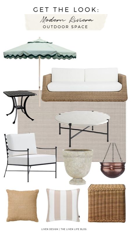 Modern classic outdoor patio. Home decor. Spring decor. Patio furniture. Wicker patio sofa. Black wrought iron patio club chair. Cabana striped pillow. Neutral striped outdoor rug. Outdoor coffee table. Cement stone planter. Bronze hanging planter. Scalloped patio umbrella. Woven outdoor ottoman. 

#LTKstyletip #LTKhome #LTKSeasonal