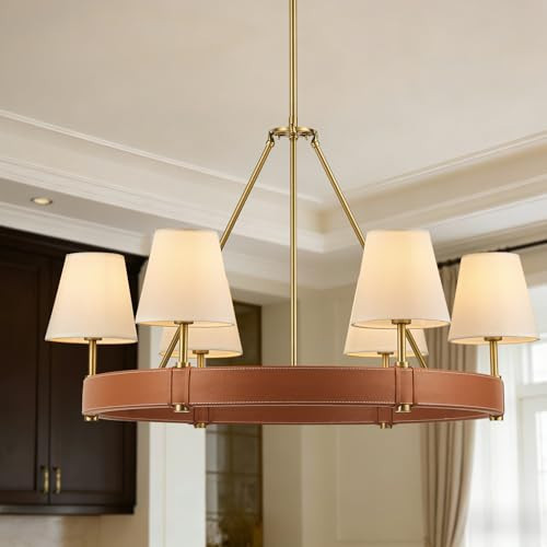 34In Gold Leather Round Chandelier, Modern Farmhouse Chandeliers with Linen Fabric Shades, Brown Leather-Grain Wrapped Frame, Rustic Light Fixture for Dining Room, Living Room, Bedroom, Foyer | Amazon (US)