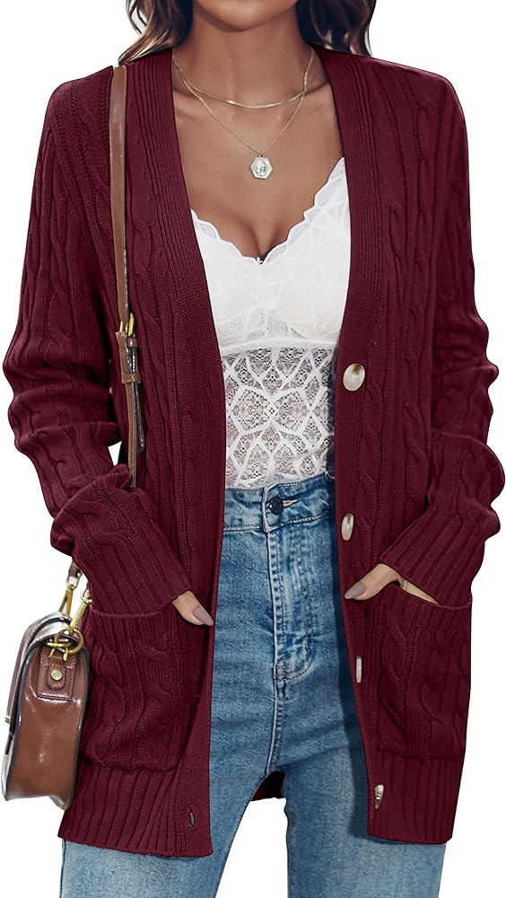 MEROKEETY Cardigan Sweater for Women 2025 Fall Winter Cable Knit Button Up Open Front Long Sleeve... | Amazon (US)