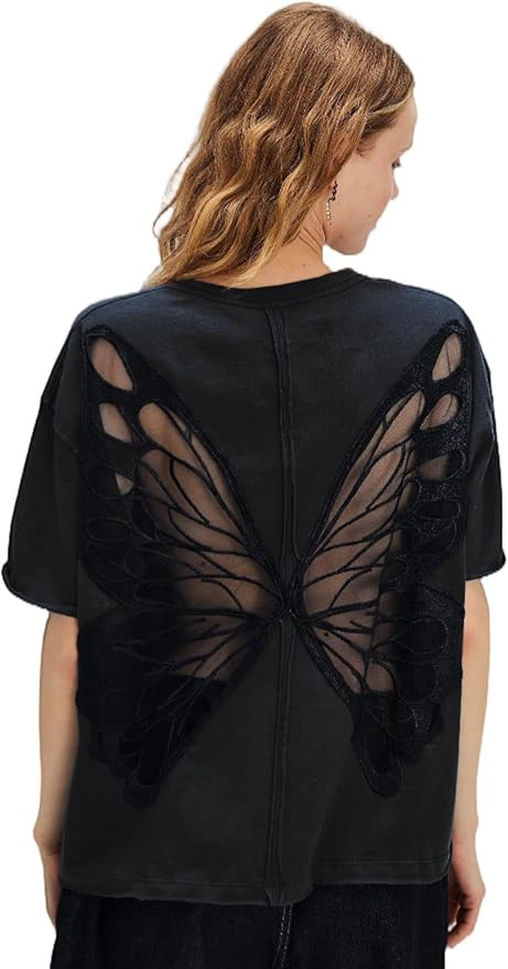VAOYIU Women's Oversized Butterfly Wing Lace Embroidered T-Shirt Short Sleeve Sheer Mesh Back Des... | Amazon (US)