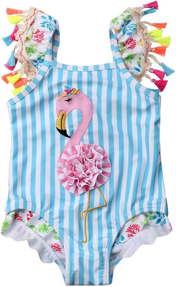 Kids Toddler Baby Girl One Piece Swimsuit Beach Wear Striped Flamingo Tassels Swimwear Bathing Su... | Amazon (US)
