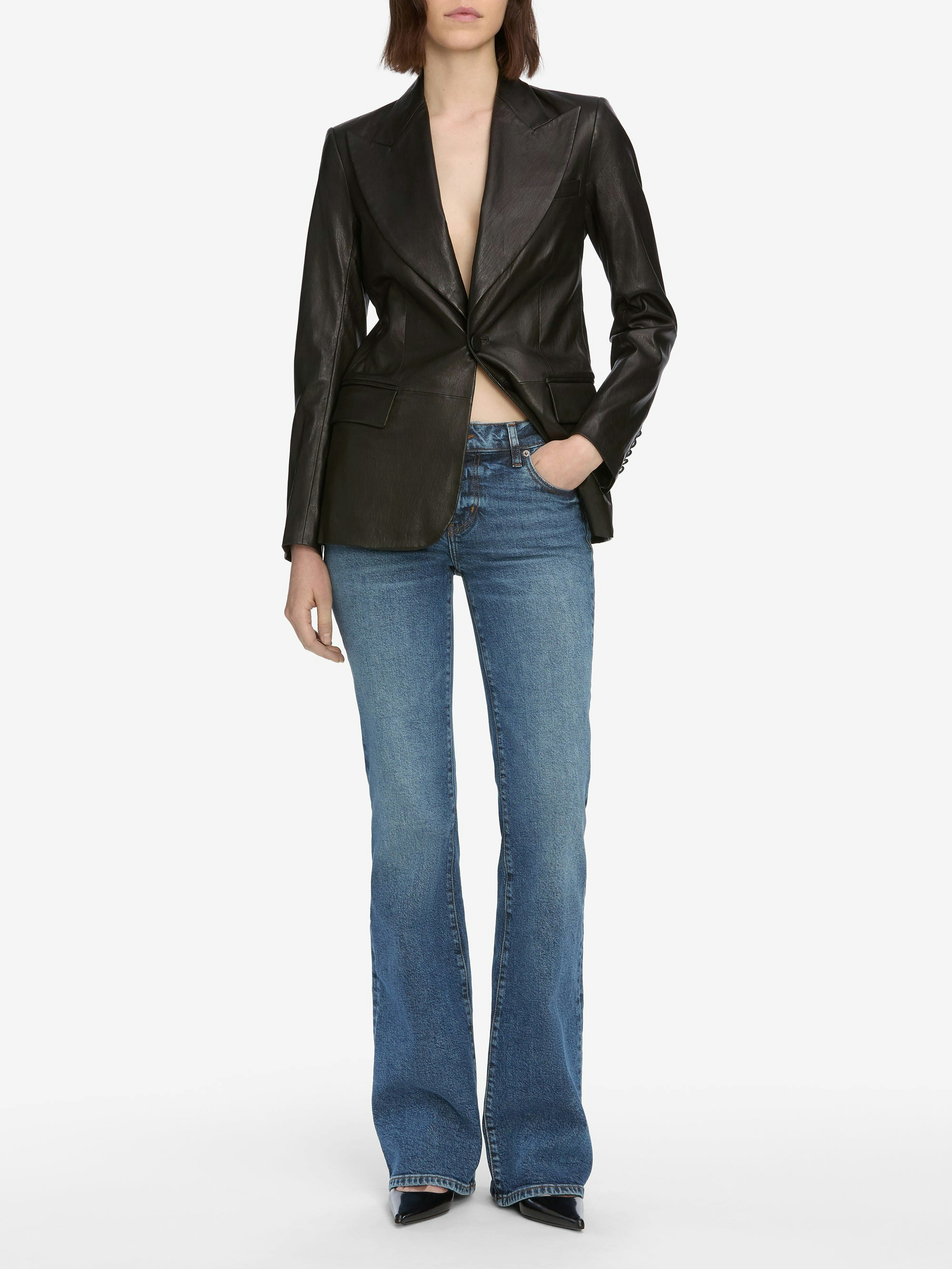 The Peak Lapel Leather Blazer -- Black | Frame Denim