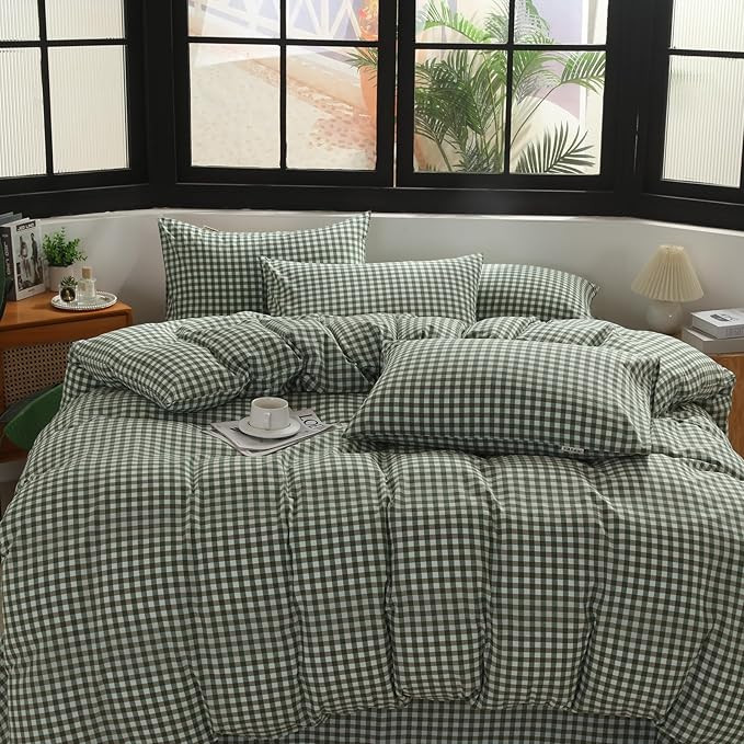 MorroMorn Green Gingham Duvet Cover Set 100% Washed Cotton Linen Like Soft, 3-Pieces Bedding Sets... | Amazon (US)