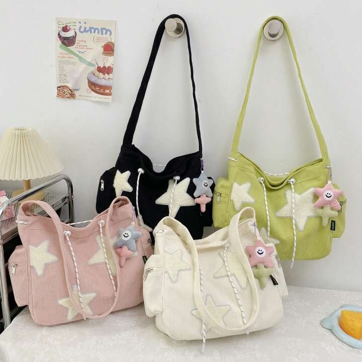 Trends1pc Contrast Color Corduroy Star Decor Shoulder Bag, Fashion Vogue Youth Large Capacity Cor... | SHEIN