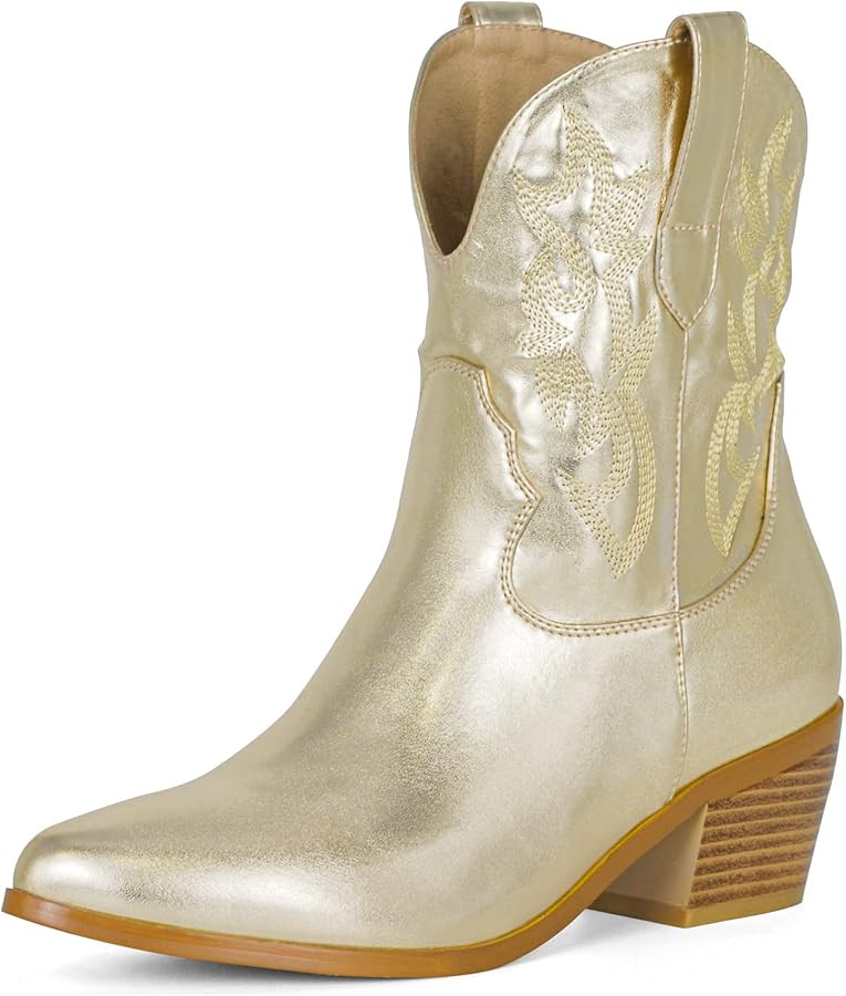 Short Cowgirl Boots for Women Embroidered Cowboy Ankle Boots,Pointed Toe Low Chunky Heel Pull On ... | Amazon (US)