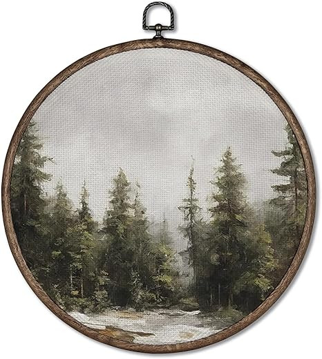 Giosve Vintage Winter Pine Forest Round Wall Art Canvas Framed Poster, Rustic Retro Farmhouse Win... | Amazon (US)