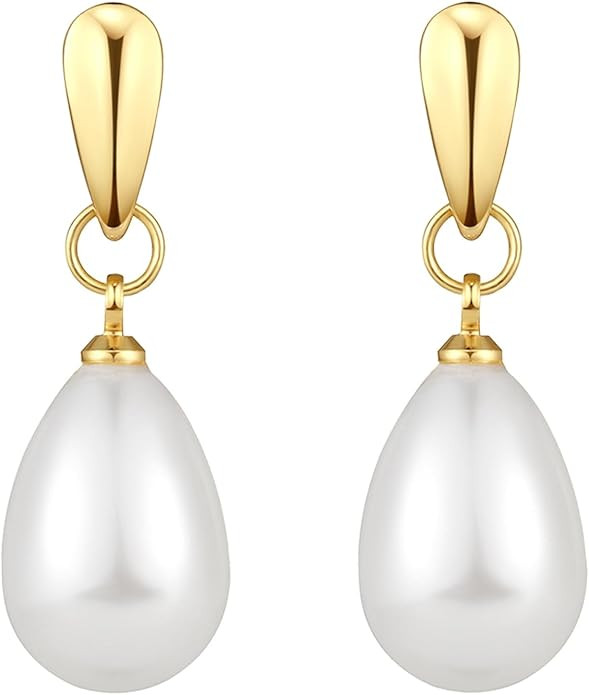 14k Gold Plated Lightweight Pearl Earrings,Trendy Jewelry,Teardrop Hoop Earrings for Women,Pearl ... | Amazon (US)