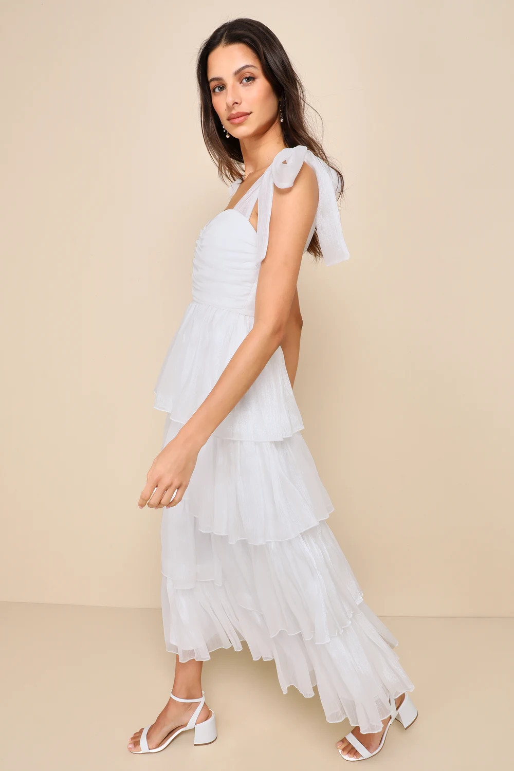 Radiant Arrival Shiny White Organza Tiered Tie-Strap Maxi Dress | Lulus