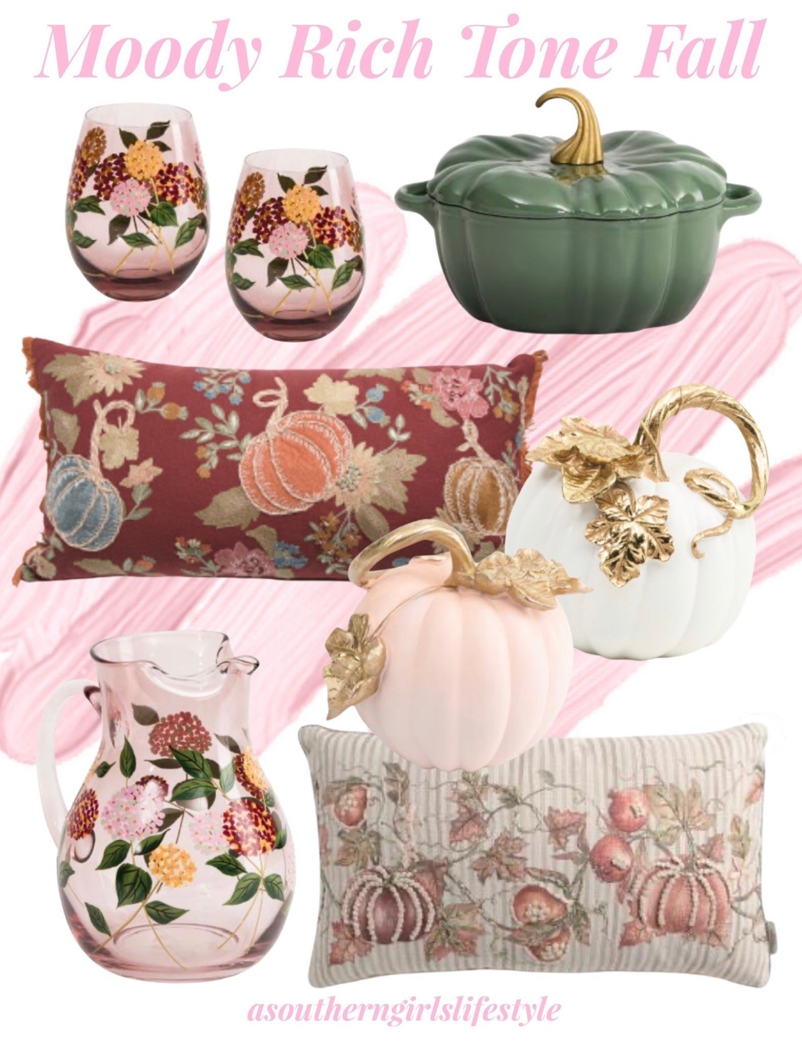New TJMaxx & Marshalls Moody Rich Tone Fall Decor - love these hues! Especially with soft Pink Fall!

Fall Hydrangea Stemless Glass Set, Green 4Qt Cast Iron Pumpkin Dutch Oven, Embroidered Velvet Pumpkin
Lumbar Pillow,  Resin Pumpkin with Gold Leaves, Fall Hydrangea Belly Pitcher & Embroidered Pumpkin Pillow

Fall Home Decor. Cozy Home. Fall Decor

#LTKHome #LTKSeasonal
