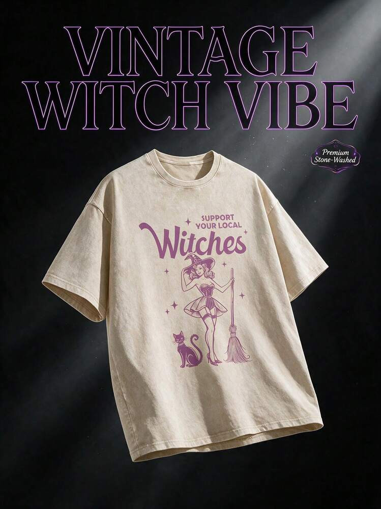 Fun And Quirky Witch-Style Clothing, Combining Local Witch Cartoon Letter Prints With Street Fash... | SHEIN