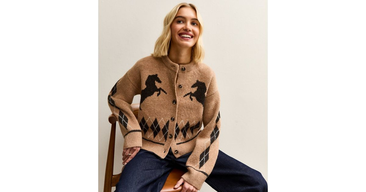 Brown Argyle Horse Knit Crew Neck Cardigan | New Look | New Look (UK)