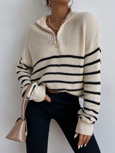 Striped Drop Shoulder Zipper Front Sweater
   SKU: sw2109038677530163      
          (121 Review... | SHEIN