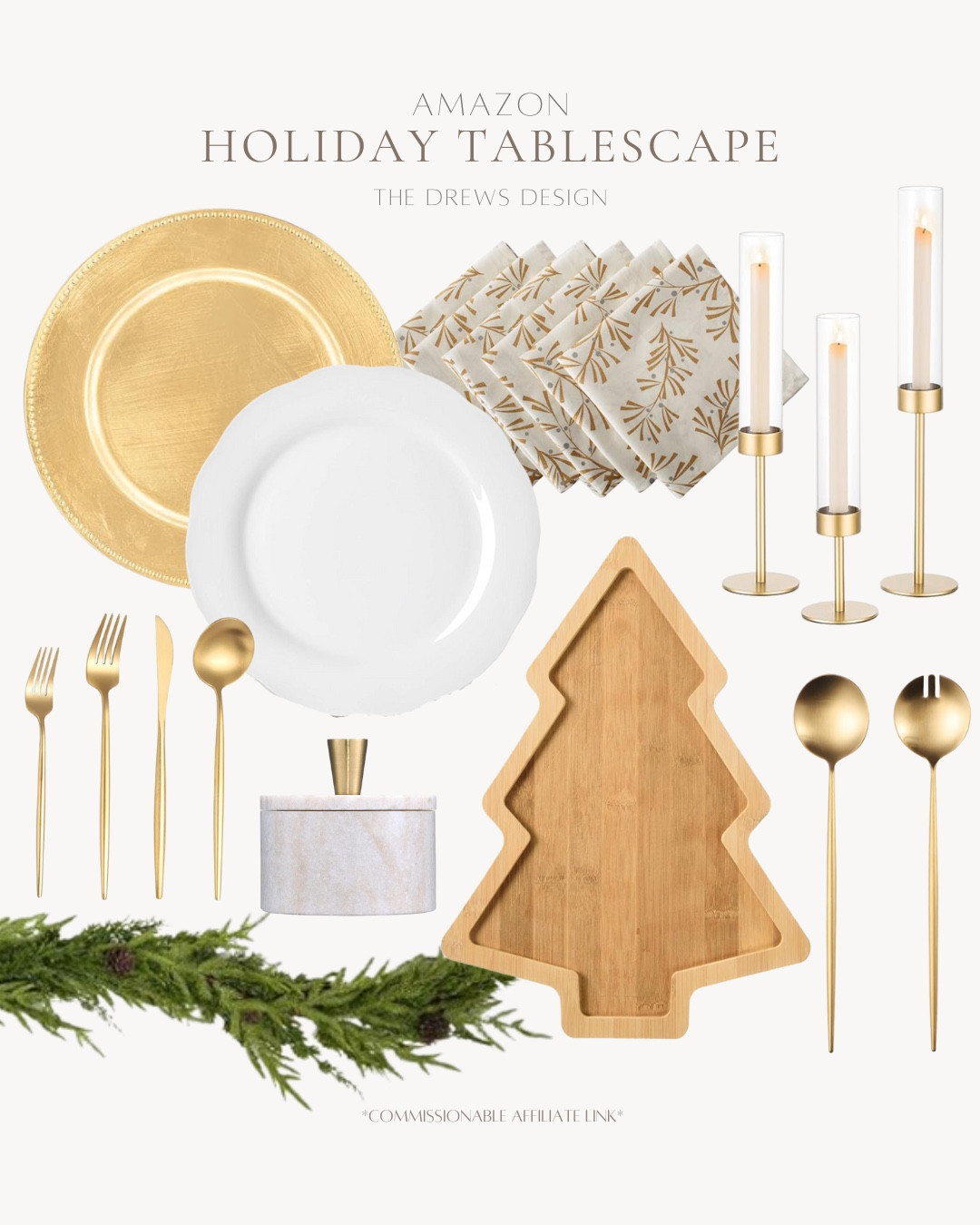 Holiday tablescape includes gold serving utensils, Christmas tree charcuterie board, gold candlestick holders, cloth napkins, dinner plates, chargers, salt cellar, and gold flatware.

Holiday hosting, holiday table, Christmas hosting, Christmas tablescape

#LTKHoliday #LTKFindsUnder50 #LTKSeasonal