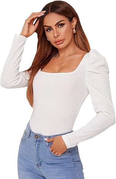 Women's Solid Puff Sleeve Square Neck Slim Fit Tee T Shirt Tops | Amazon (US)