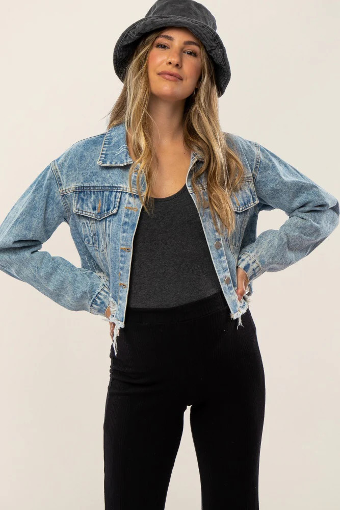 Light Blue Distressed Cropped Maternity Denim Jacket | PinkBlush Maternity