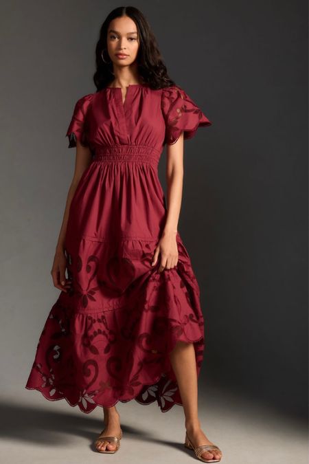 Wedding Guest Dress Outfit Idea. This gorgeous red dress is from Anthropologie. I’ve included the gold earrings and gold flat sandal shoes 

#LTKstyletip #LTKwedding