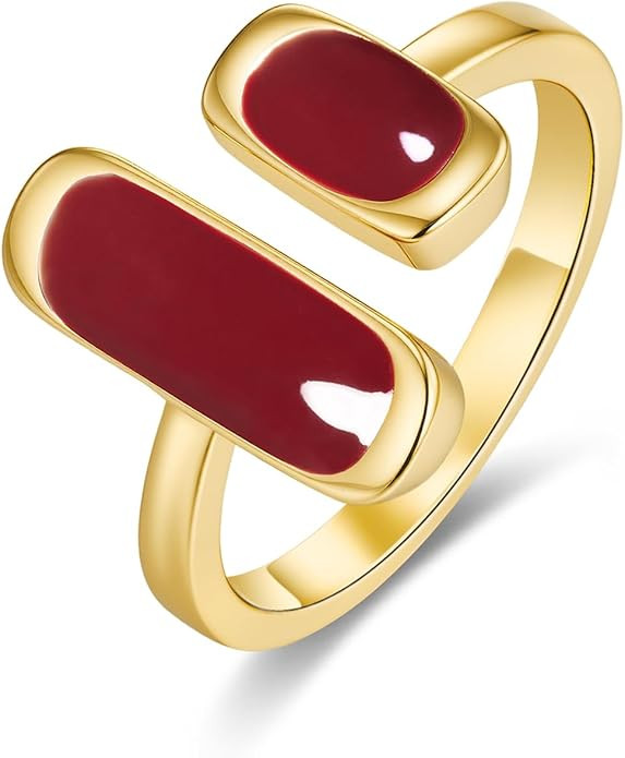 SNGIA 18K Gold Plated Maroon Burgundy Red Enamel Square Rectagnular Adjustable Statement Open Rin... | Amazon (US)