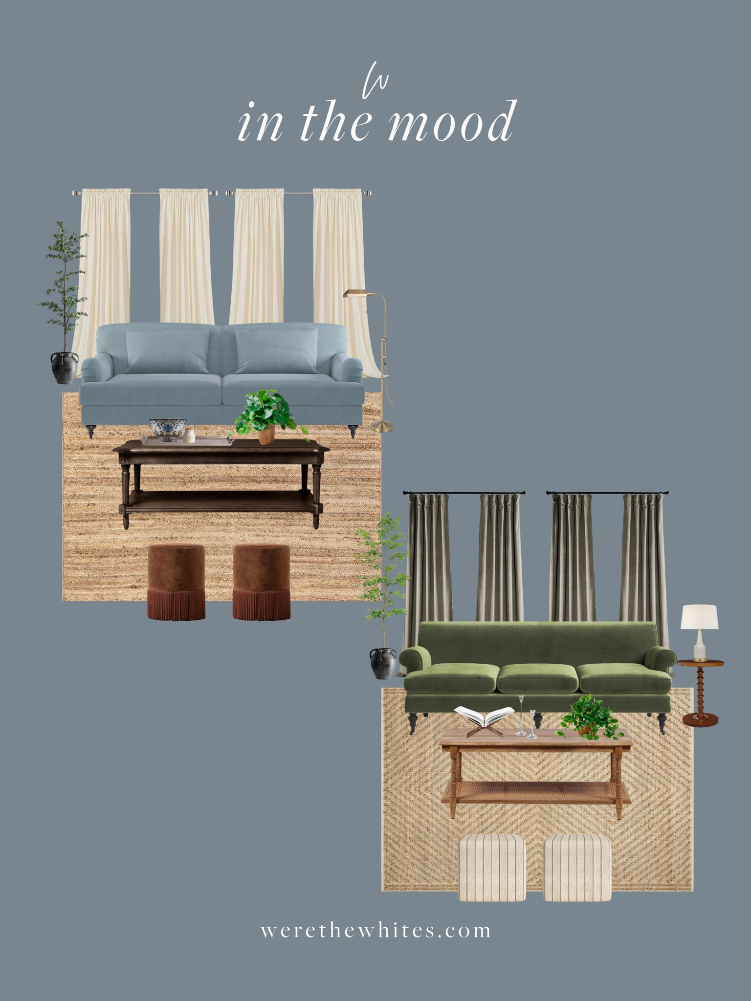 In the Mood: Velvet sofas and textured rugs! When picking out new sofa I knew I wanted to go with a velvet fabric, and I love this blue! I included more traditional pieces such as a dark wood coffee table and a jute rug juxtapose for the perfect English living space! I also love this green velvet sofa, and how this space feels with this stunning textured rug we also own! Which do you like better? 

#LTKhome #LTKstyletip