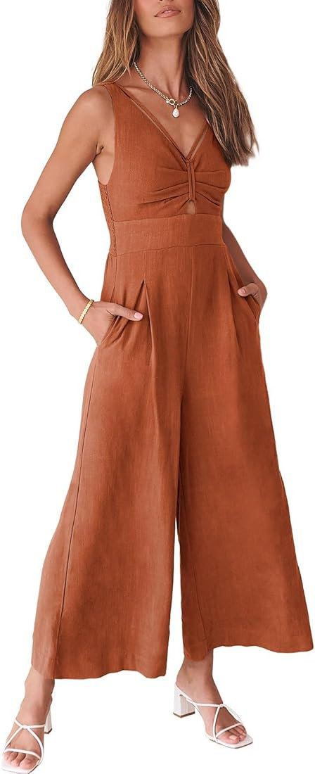 ANRABESS Women's Summer Wide Leg Linen Jumpsuits Dressy V Neck Sleeveless Casual Pants Rompers 20... | Amazon (US)
