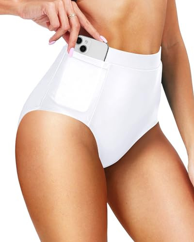 Tempt Me Women's White High Waisted Bikini Bottom Full Coverage Tummy Control Swimsuit Bottom with Pockets L | Amazon (US)