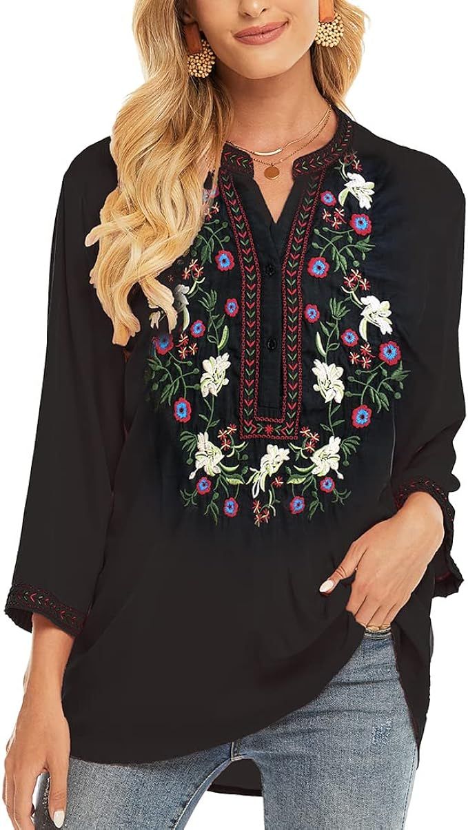 AK Embroidered Tops for Women 3/4 Sleeve Bohemian Mexican Floral Peasant Shirts Loose Tunic Blous... | Amazon (US)