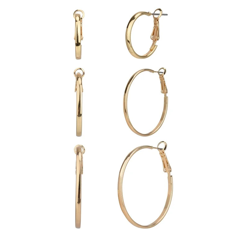 Time and Tru Adult Women's 3 Pair Gold Tone Thin Metal Hoop Earring Set | Walmart (US)