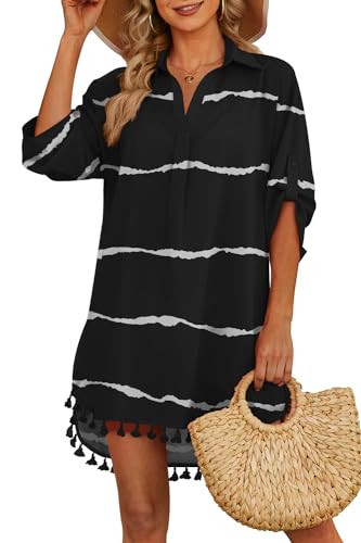 Yincro Women Swimsuit Cover Up Shirt 2026 Tassel Beach Bathing Suit for Swimwear Bikini Dress(Stripe Black, L) | Amazon (US)