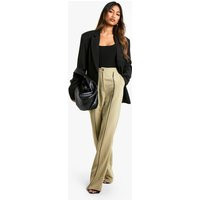 boohoo Women's Woven Tailored Piping Wide Leg Trousers in Khaki | Size: 4 | boohoo (US & Canada)