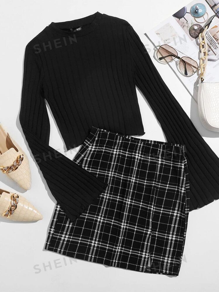 SHEIN EZwear Lettuce Trim Bell Sleeve Top & Slit Hem Plaid Skirt Set | SHEIN