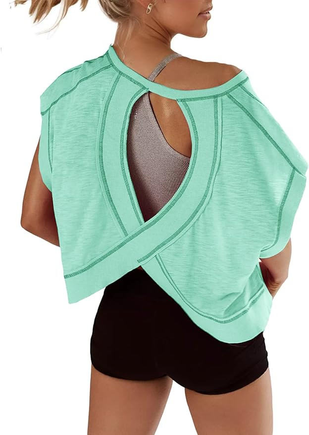 Open Back Tops for Women Oversized Short Sleeve Workout T Shirts Backless Y2k Athletic Crop Runni... | Amazon (US)