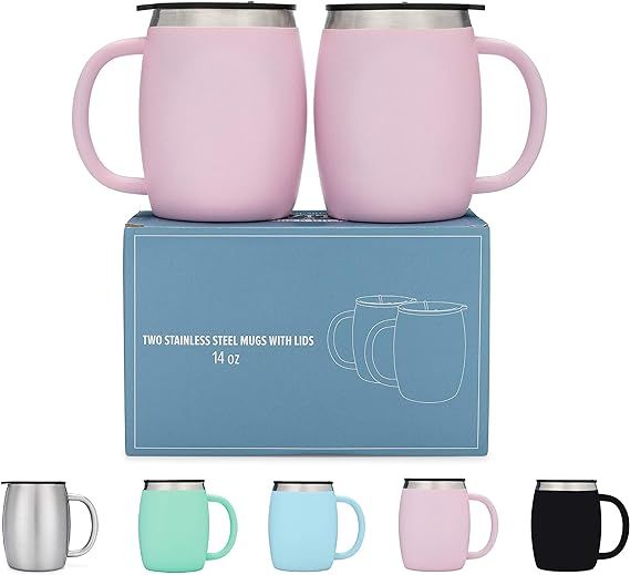 Stainless Steel Coffee Mugs with Lids - 14 Oz Double Walled Insulated Coffee Beer Mugs - Set of 2... | Amazon (US)