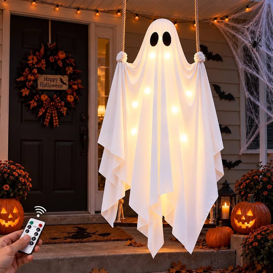 Hanging Swinging Ghost Halloween Decorations Outdoor - 5.8FT Large Light Up Ghost with Warm LED S... | Amazon (US)