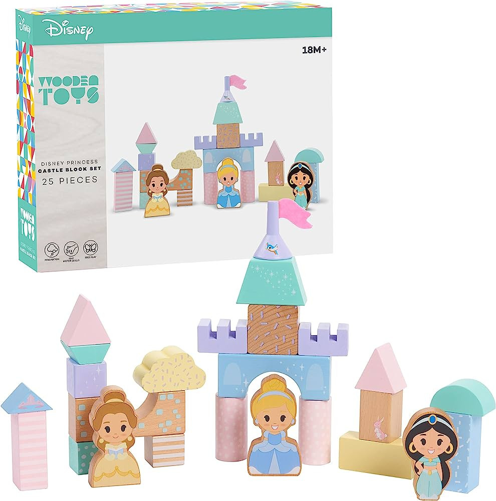Disney Wooden Toys Princess Castle Block Set, 25-Pieces Include Cinderella, Belle, and Jasmine Bl... | Amazon (US)
