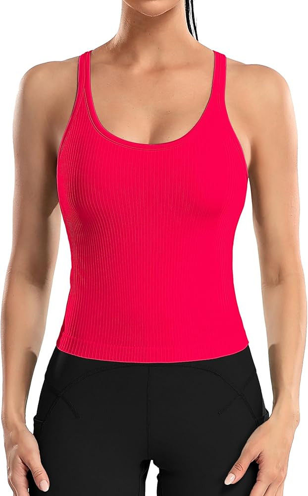 ATTRACO Women Ribbed Workout Crop Tops with Built in Bra Yoga Racerback Tank Top Tight Fit | Amazon (US)
