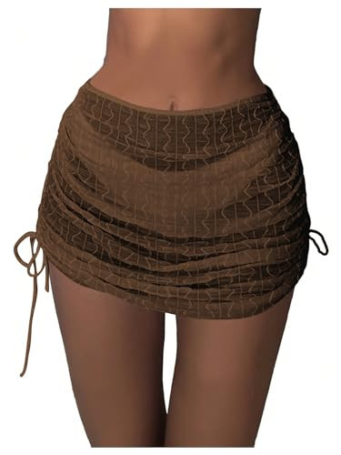 COZYEASE Women's Beach Cover Up Skirt Sheer Mesh Ruched Drawstring Side Bathing Suit Coverups Beach Skirt Coffee Brown X-Large | Amazon (US)
