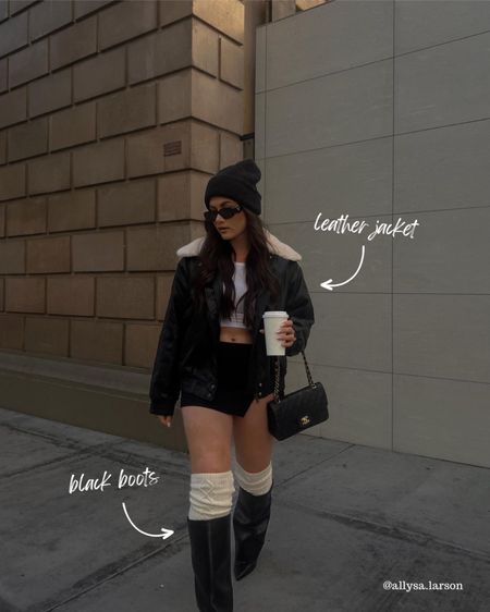 Leather jacket outfit, outfit inspo, mini skirt, fall outfit, black boots, beanie, winter outfit 

#LTKSeasonal #LTKshoecrush #LTKstyletip