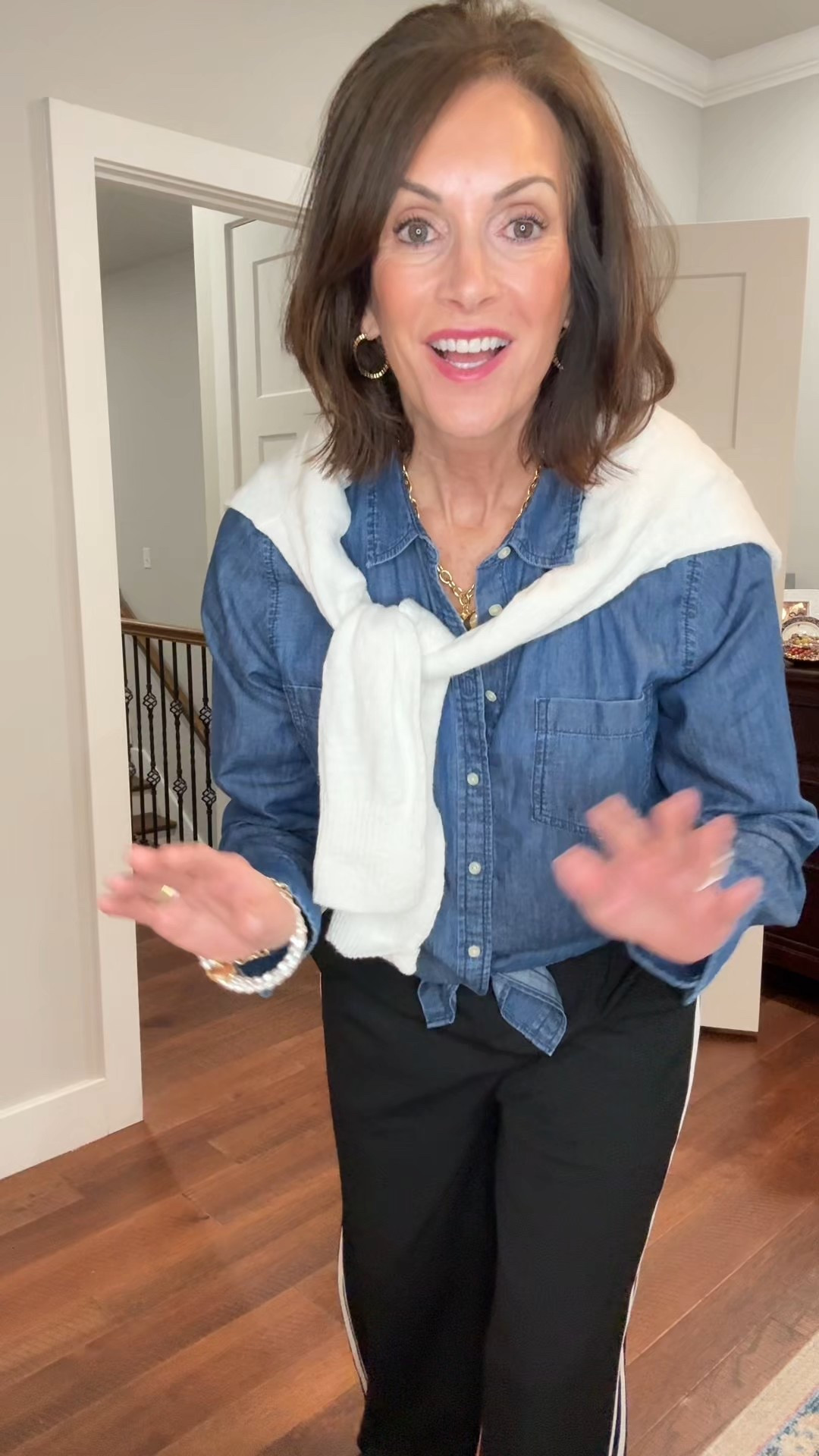 Denim shirt - L
Sweater - large 
Track pants - medium 
Mules - 20% off code: CE-BLESSING

casual style 

#LTKTall #LTKootd #LTKMidsize