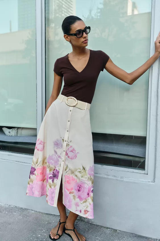 FLORAL PRINT BELTED MIDI SKIRT | Zara US