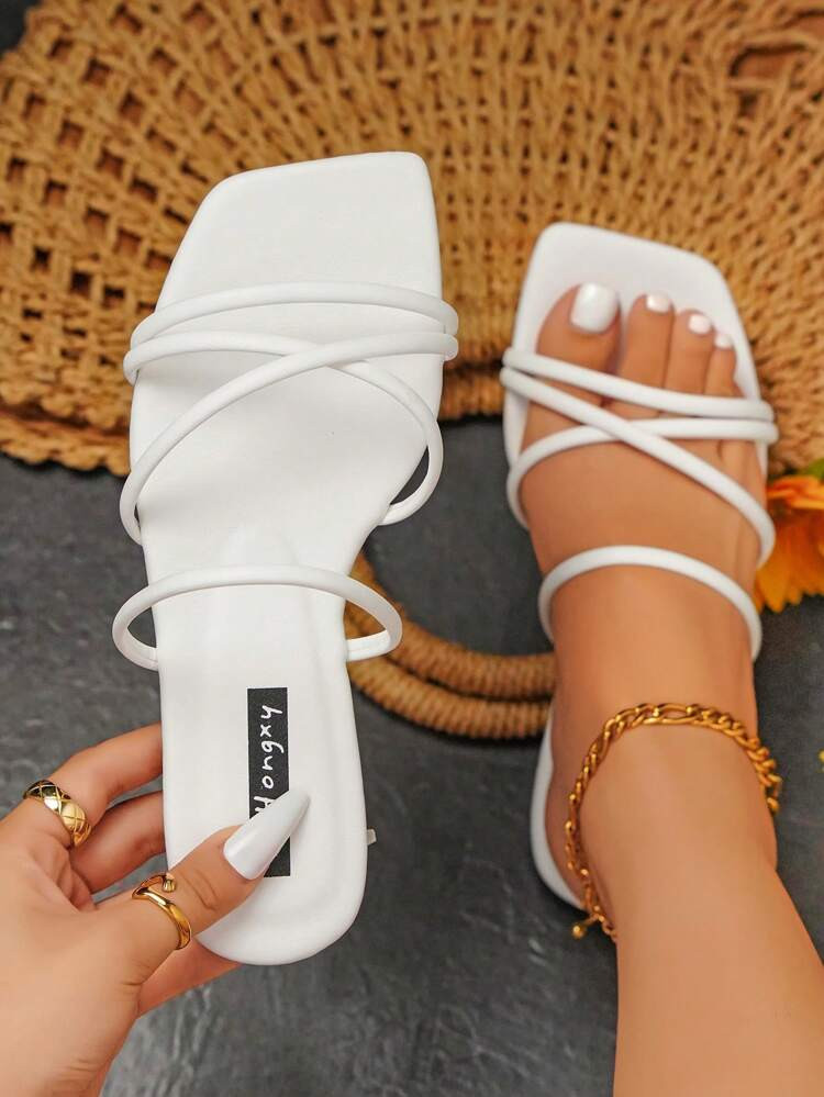 Fashionable Outdoors White Flat Slippers for Women, Criss Cross Plain Artificial Leather Open Toe... | SHEIN