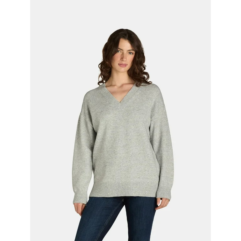 Time and Tru Women's and Women's Plus Sequin V-Neck Sweater, Sizes XS-4X | Walmart (US)